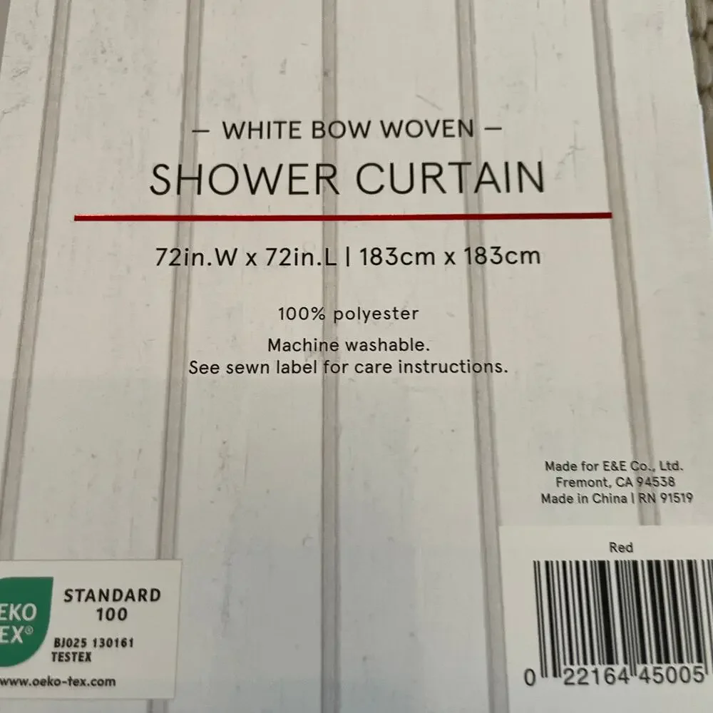 Holiday Traditions WHITE BOW Woven Shower Curtain 72x72 Red & White New